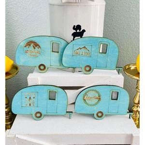 Set of 4 Wood Farmhouse Inspired Blue Camper Themed Coasters (CAMB)